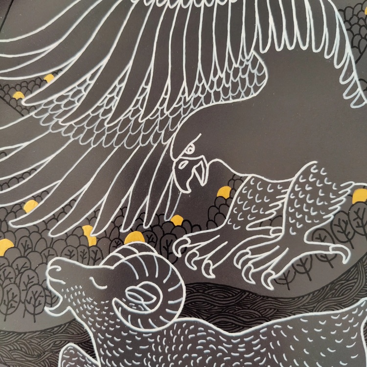 Decorative ceramic plate "Mountain ram and eagle" from the series "The Chase"