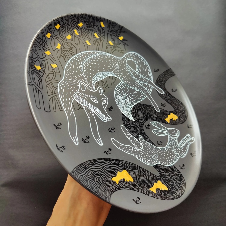 Decorative ceramic plate "Fox and Hare" from the series "The Chase".