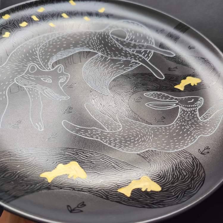 Decorative ceramic plate "Fox and Hare" from the series "The Chase".